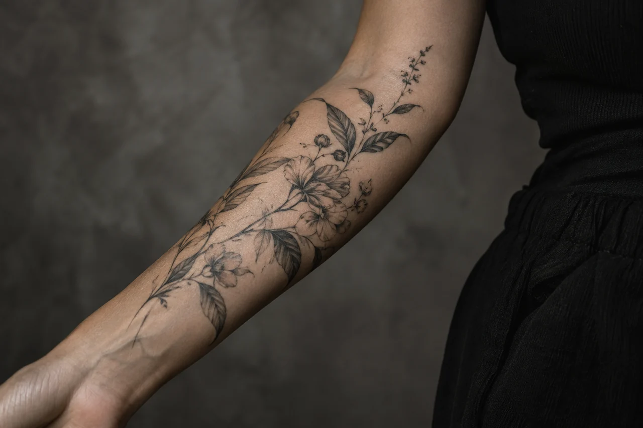 Fine-line botanical tattoo concept on an adult forearm.