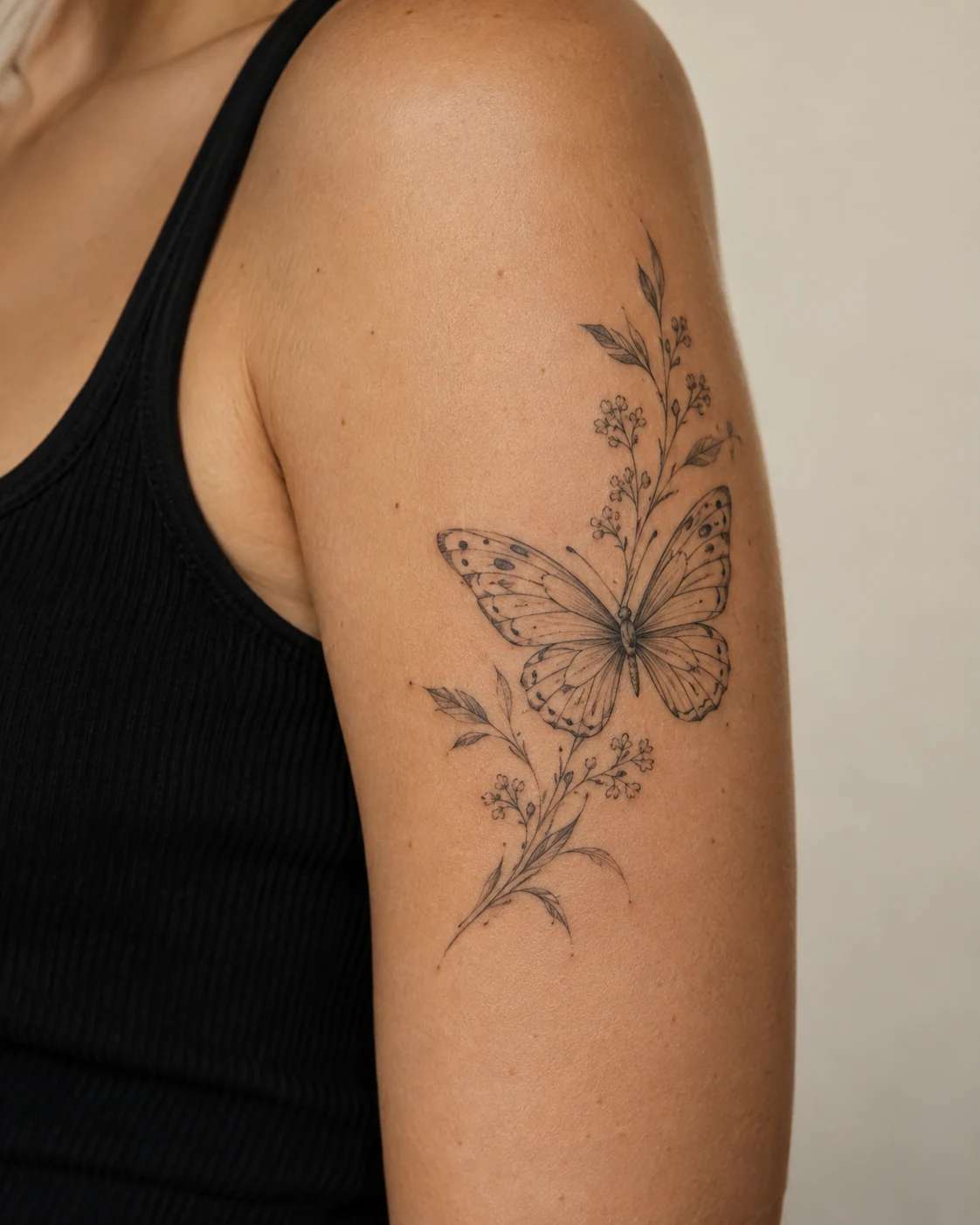 Fine-line butterfly tattoo concept on an adult upper arm.